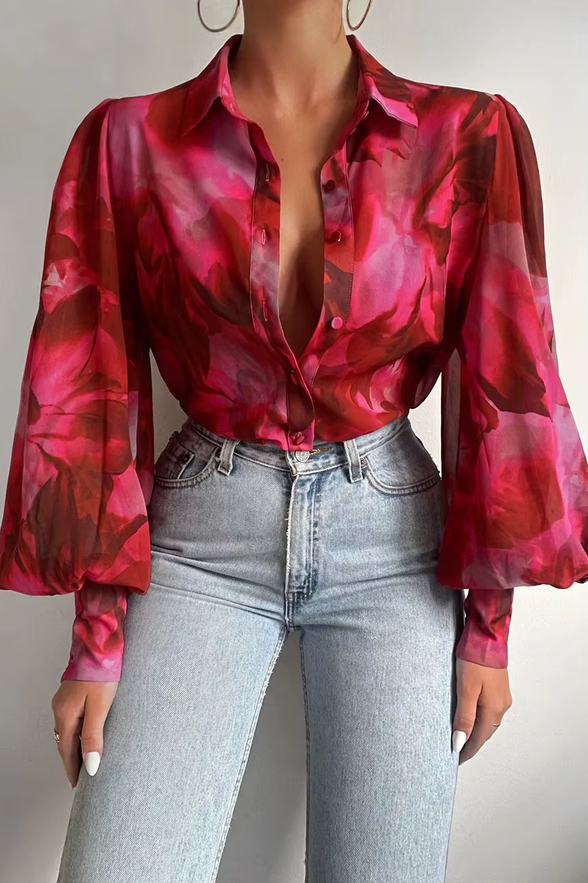 King Mcgreen Star Fashion Lapel Lantern Sleeve Blouses Office Lady Vintage Floral Print Shirts Tops Button up Long Sleeve Shirt