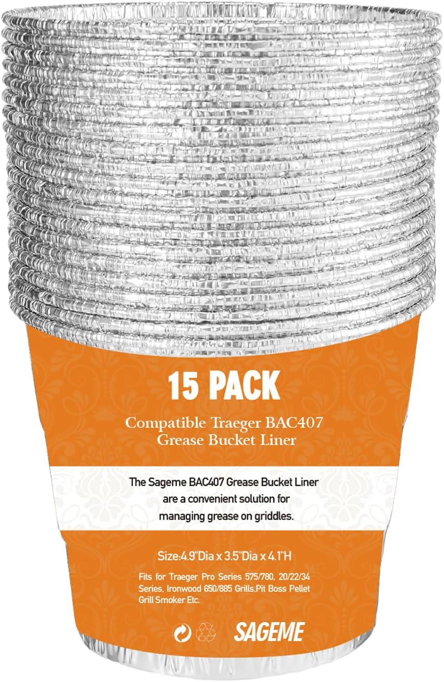 15 Pack BAC407 Grease Bucket Liner for Traeger Grills,Drip Liner Drip Pan for HDW152 Grease Bucket Traeger Pro Series 575/780, 20/22/34, Ironwood 650/885 Grills,Pit Boss Pellet Grill Smoker