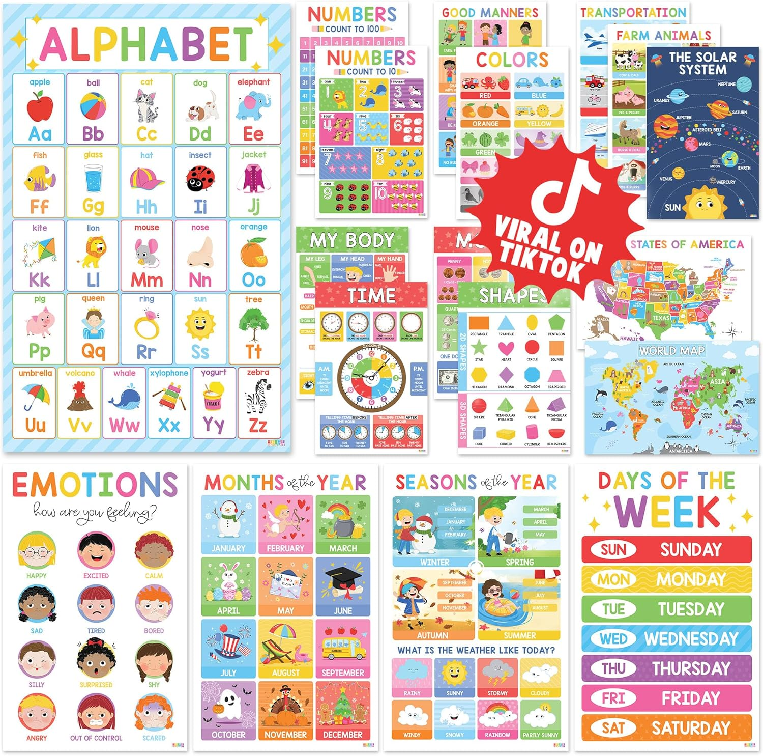 18 Laminated Educational Posters for Toddlers, Preschool Posters for Classroom, Kindergarten Wall Decor, Prek Learning Materials Alphabet Number Chart