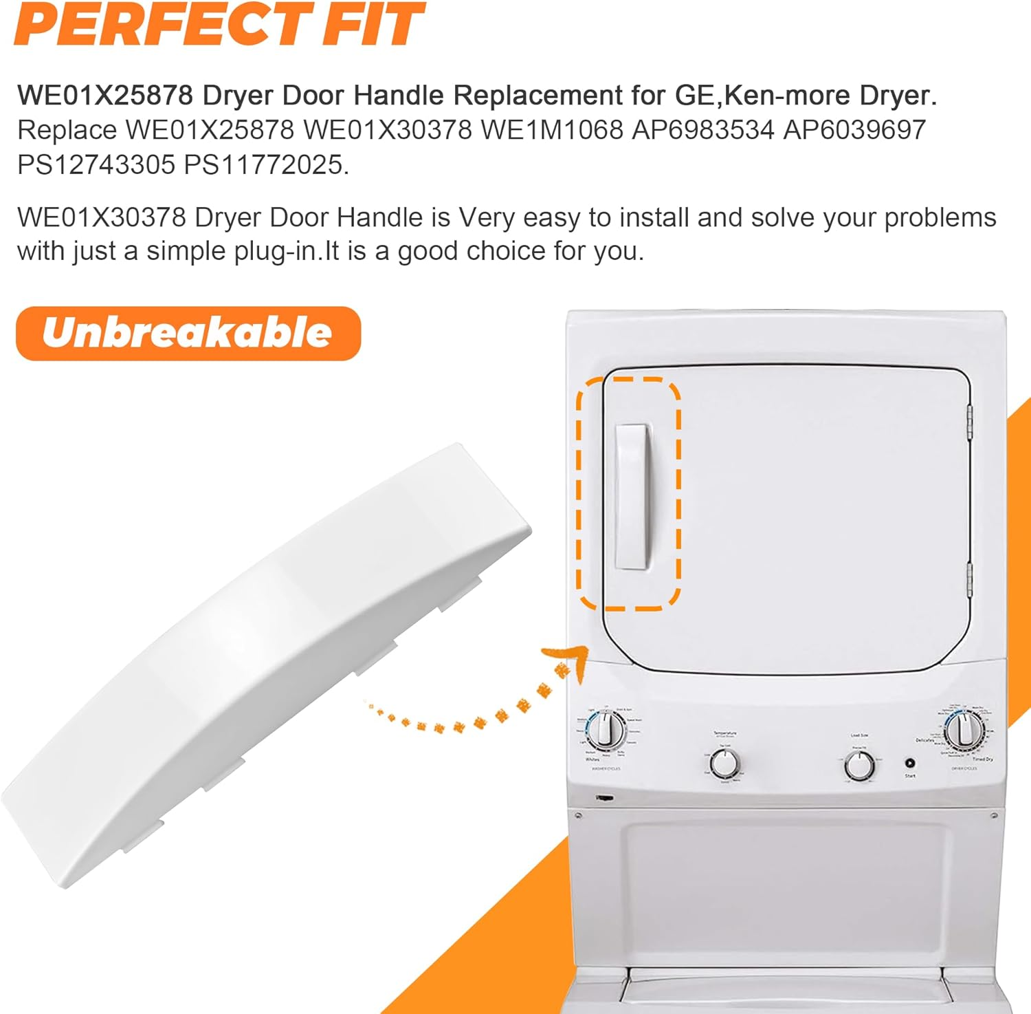 Upgrade Dryer Door Handle for GE GUD27ESSMWW GUD27ESSM1WW Ken-More Dryers -Stackable GE Dryer Door Handle -Replaces WE01X25878 PS1177202 WE01X30378
