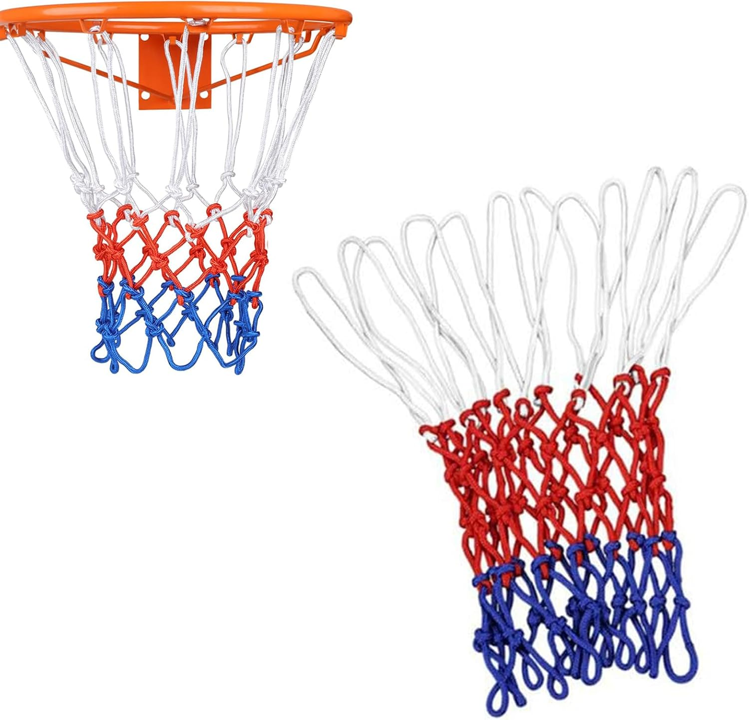 2 Pack Basketball Net Replacement,Heavy Duty Basketball Nets Outdoor or Indoor,Standard Basketball Hoop Net Fits 12 Loops(Red White Blue)