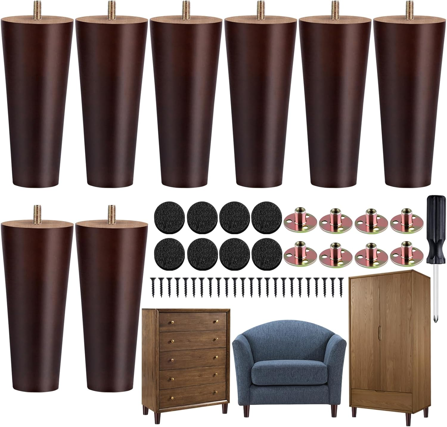 8 Pieces Furniture Legs 6 Inches round Solid Wood Furniture Feet Couch Legs Sofa Legs  Legs for Armchair, Cabinet, Chair, Dresser or Home DIY Projects, Brown