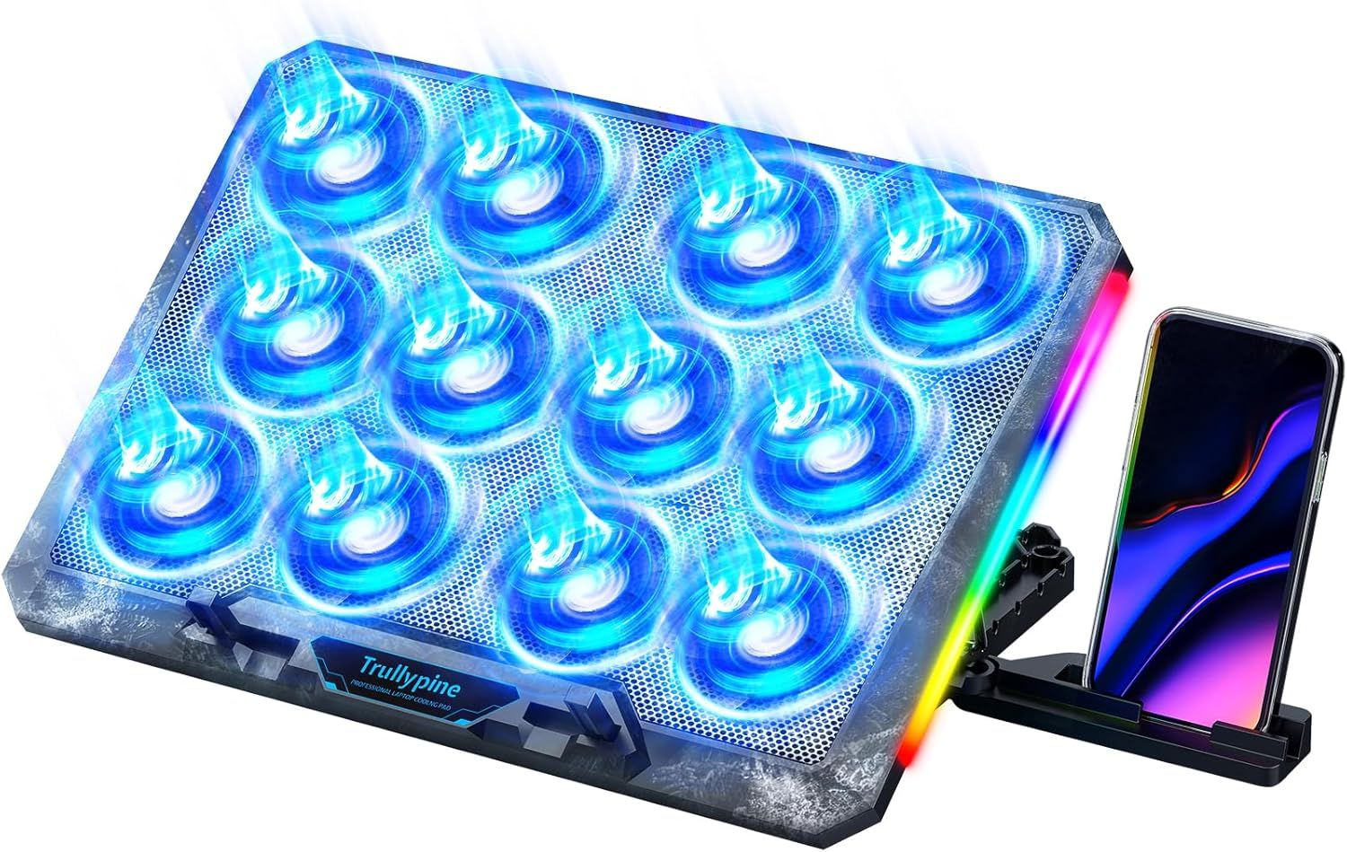 Laptop Cooling Pad, 12 Quiet Fans, Slim Portable for 12-17.3 Inch Laptop Cooler Stand, 5 Height Adjustable, Ergonomic Gaming Cooling Fan Pad, 2 USB Ports & Phone Holder (Gear Version)