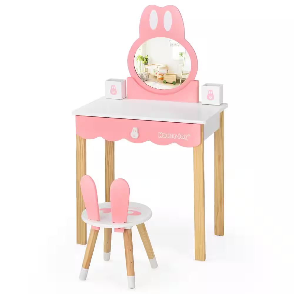 Kids Vanity Set Rabbit White Armoire Makeup Dressing Table Chair Set 40.5 In. X 23.5 In. X 13.5 In.