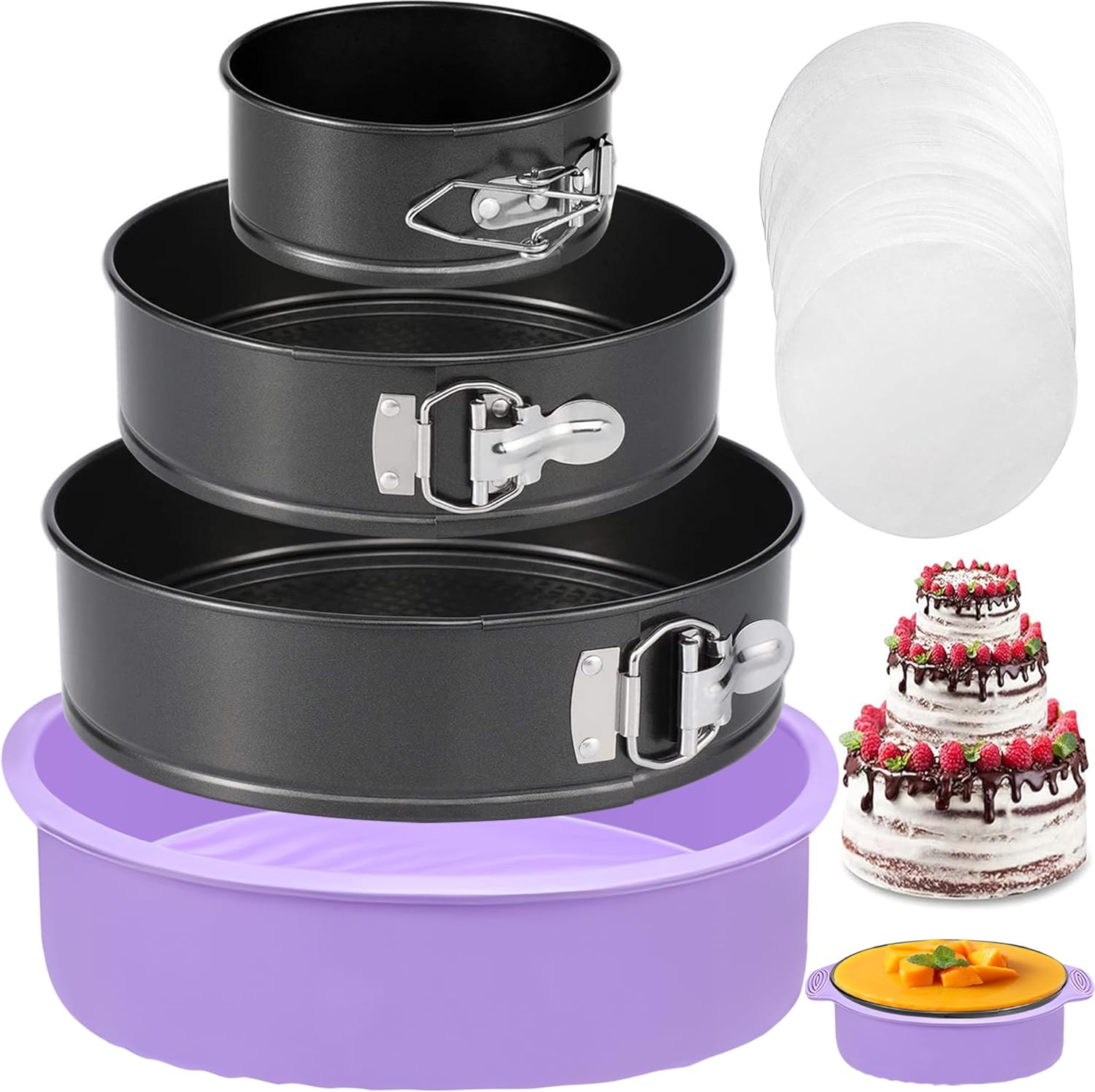 Springform Pan Set of 3 Leakproof Spring Form Pan for Cheesecake, Nonstick 4 7 9 Inch Cheesecake Pan with Silicone Protector, Springform Cheese Cake Pans Sets for Baking with 50Pcs Parchment Paper