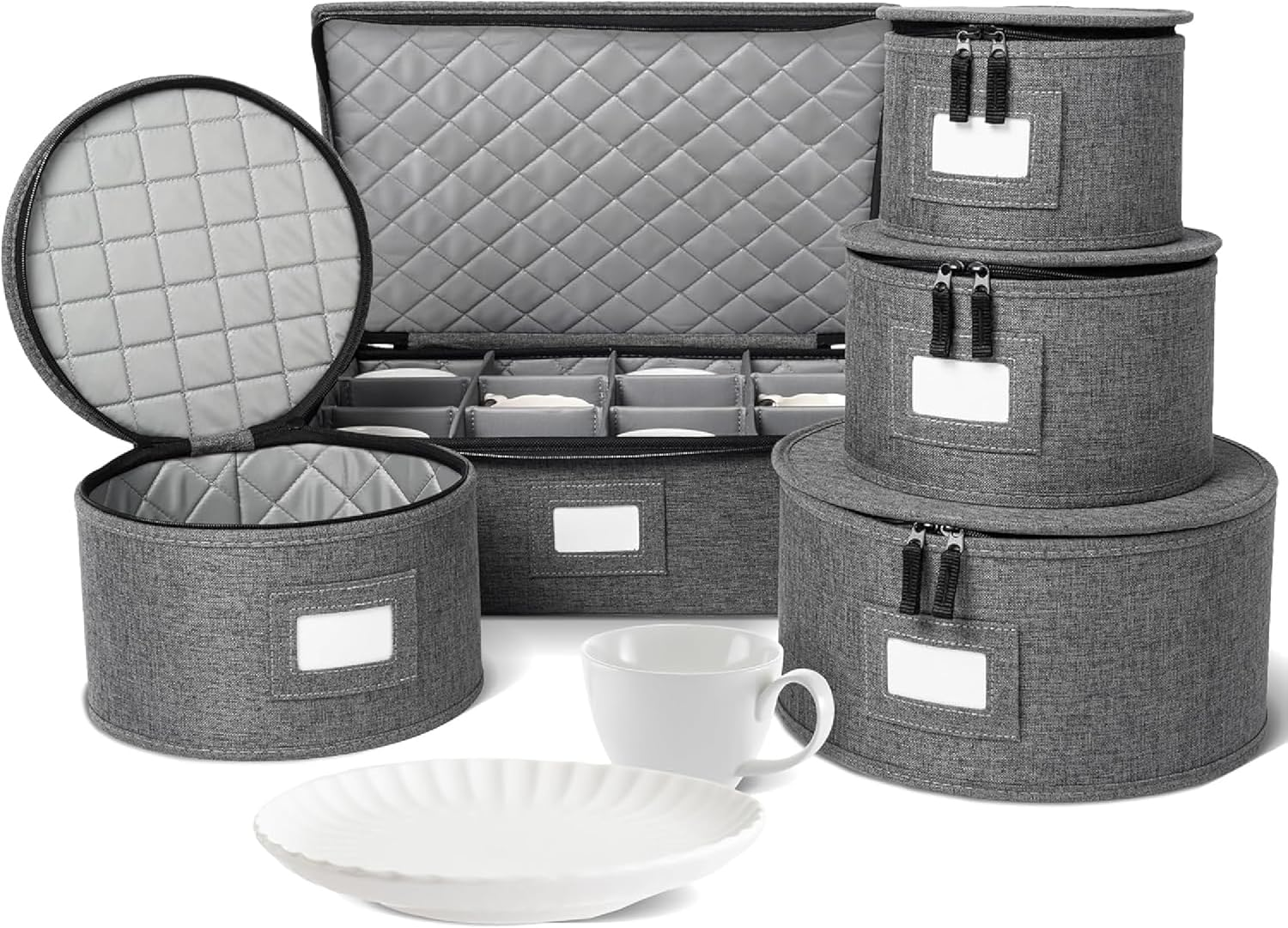 China Storage Containers, Hard Shell Case with Felt Dividers for Charger Plates, and Dishes, Ideal for Kitchen Organization, Moving Supplies, and Fine China Storage - 5-Piece Set, Gray
