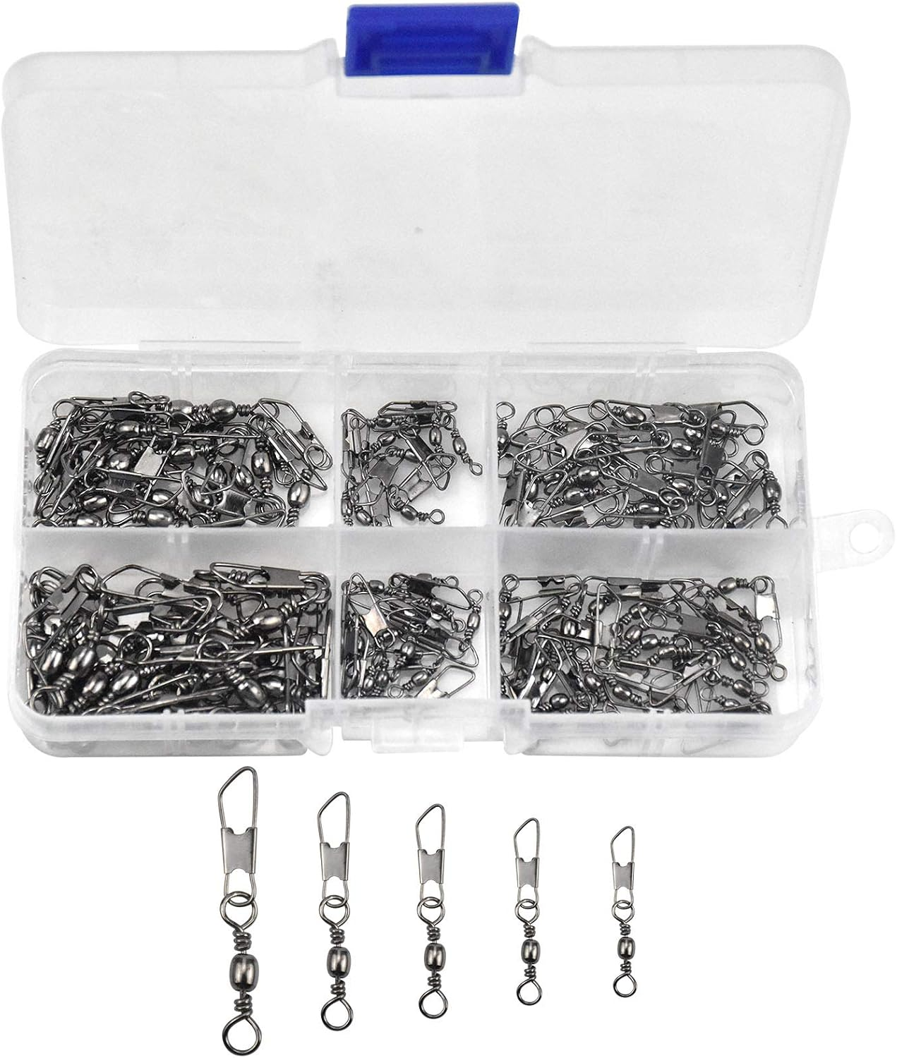 100PCS Fish Fishing Barrel Swivel with Safety Snap Interlock Snaps High Strength Tackle, Fishing Swivel Snaps Kit Solid Barrel Swivel with Safty Snap Connector Fishing Size 6# 8# 10# 12# 14#