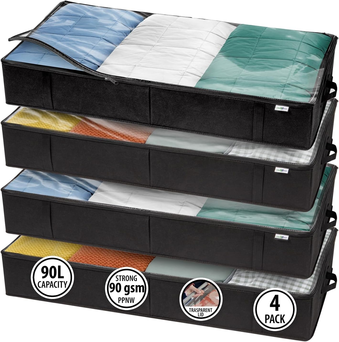 under Bed Storage Containers, Closet Organizer, Black, 4 Pack