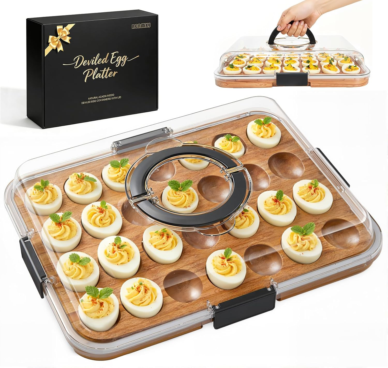 Deviled Egg Containers with Lid, Acacia Wooden Base with 28 Slots