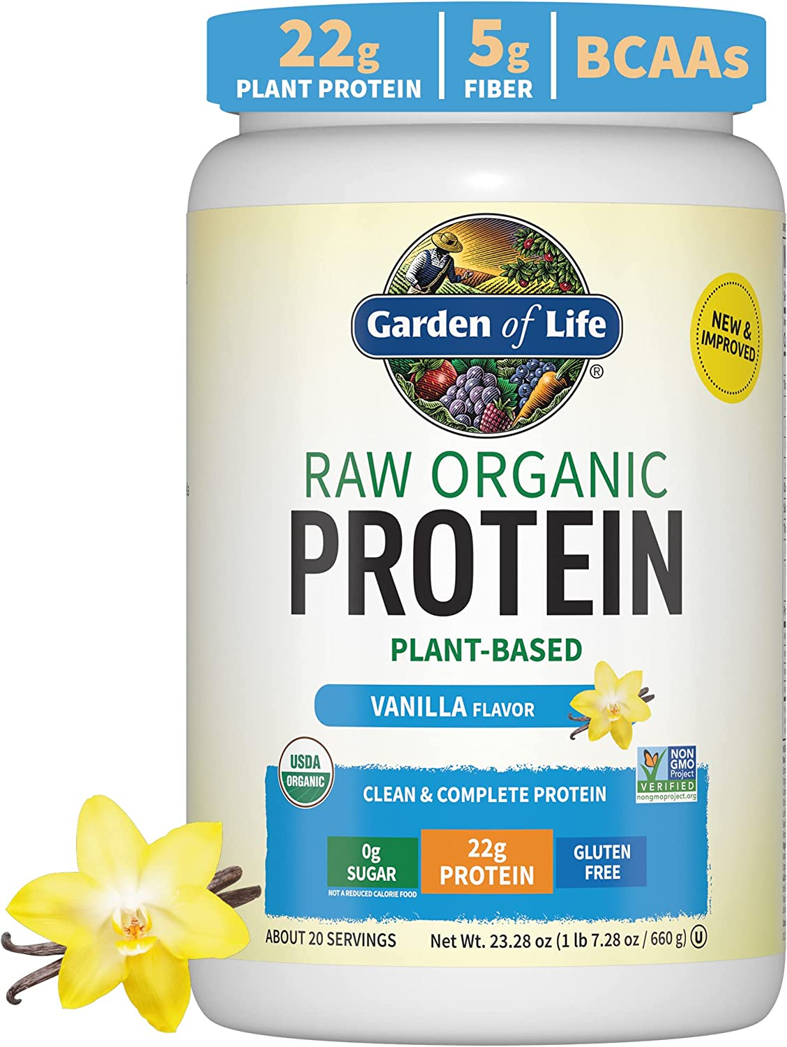 Garden of Life Organic Vegan Vanilla Protein Powder - 22g Plant-Based Protein, BCAAs, Probiotics, Digestive Enzymes, Non-GMO, Gluten-Free - 1.5 LB