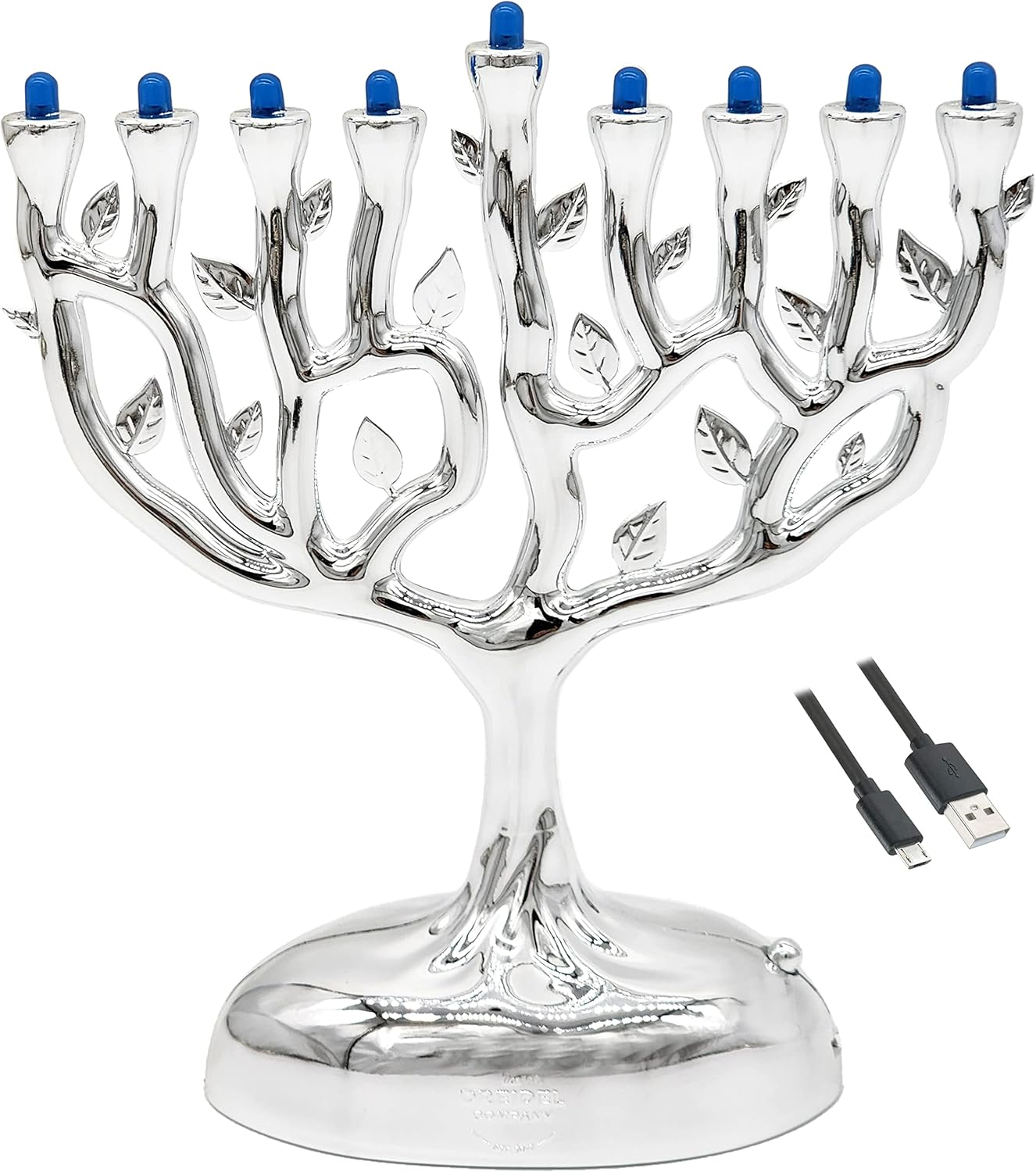 Metallic Silver Small Electric Menorah, Tree of Life Design Hanukkah Menorah, 6