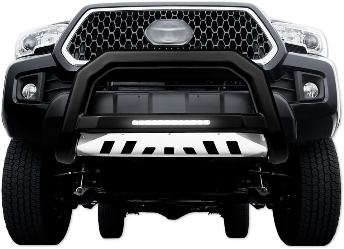 7422441844877 Compatible with 2011-2013 Dodge Durango / 2011-2015 Jeep Grand Cherokee Matte Black AVT Style Aluminum LED Light Bull Bar Guard with Stainless Skid Plate