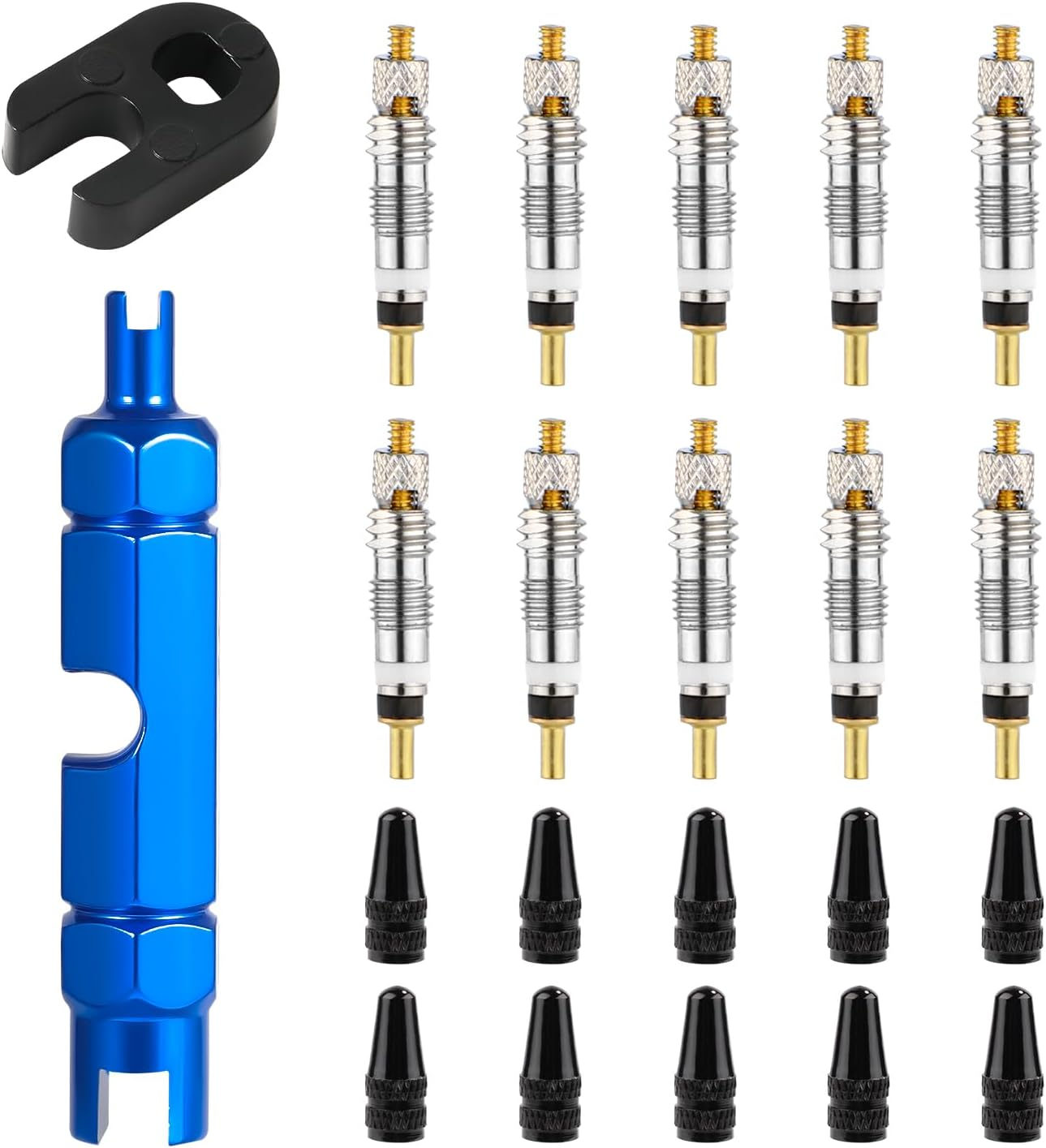 10pcs Presta Valve Core with 2 Plastic & Alloy Removal Tools & 10 Caps - Schrader Bicycle Stem Adapter for Tubeless Road MTB Bike Tires