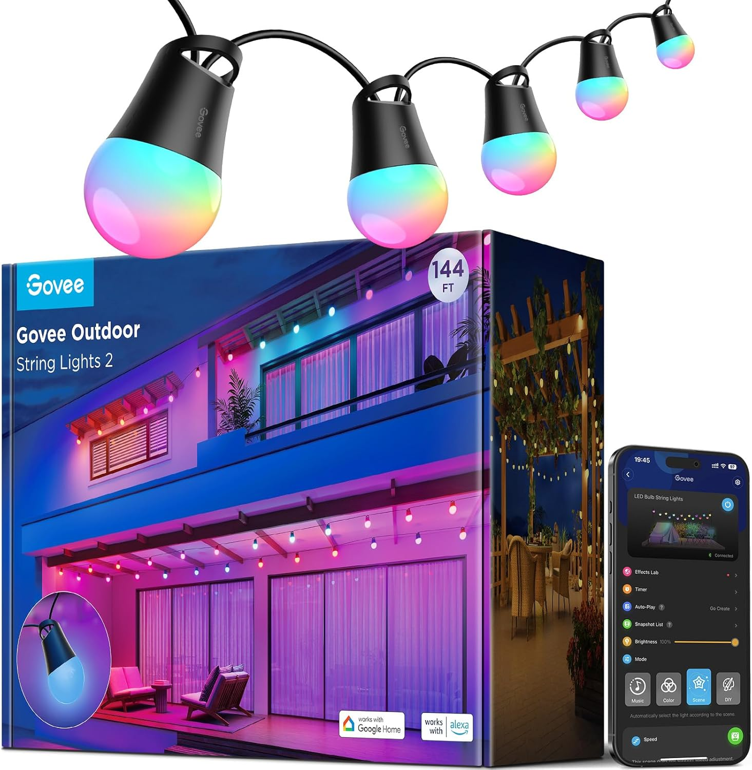 Govee Smart Outdoor String Lights 2, 144Ft Outdoor Lights with Dimmable Warm White LED Bulbs, 47 Scene Modes for Patio, Backyard, Balcony, IP65 Waterproof, Works with Alexa, App Control