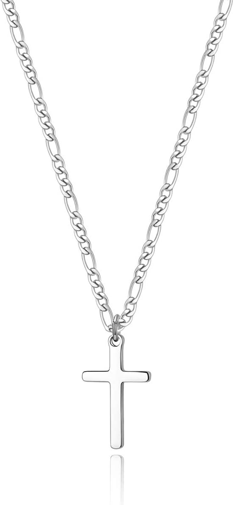 Cross Necklace for Men Stainless Steel Silver Cross Pendant Polished Chain Simple Faith Christian Jewelry Gift for Son Boys 16-24 Inch Baptism Confirmation Christmas