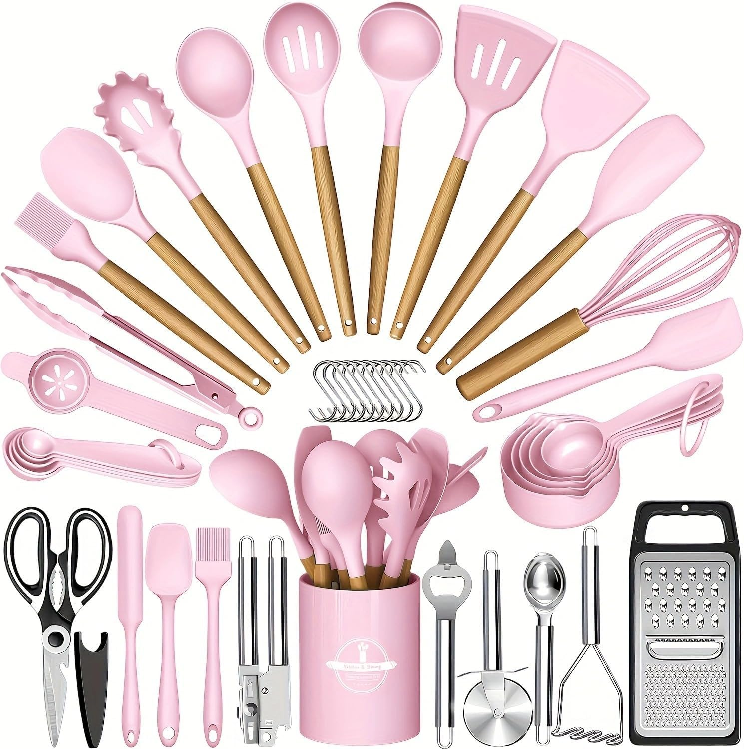 Kitchen Utensils Set- 44 Pcs Silicone Cooking Utensils Set for Nonstick Cookware-Silicone Spatulas Set, Stainless Steel Handle-Black Kitchen Gadgets Tools, Pots and Pans Accessories（Pink）
