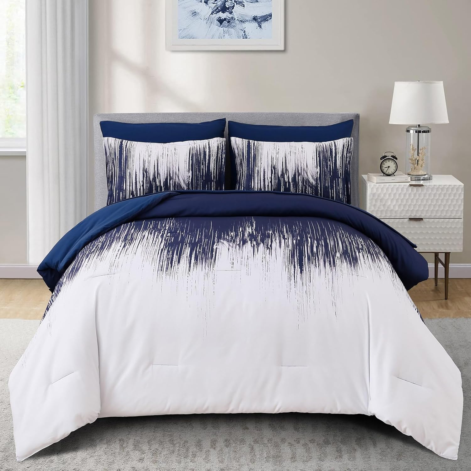 Ombre Blue Comforter Set Queen Size Gradient Navy Blue White Boho Bedding Set for Teen Men Women 7 Pieces Bed in a Bag Bohemian Bed Set with Comforter, Sheets, Pillowcases & Shams