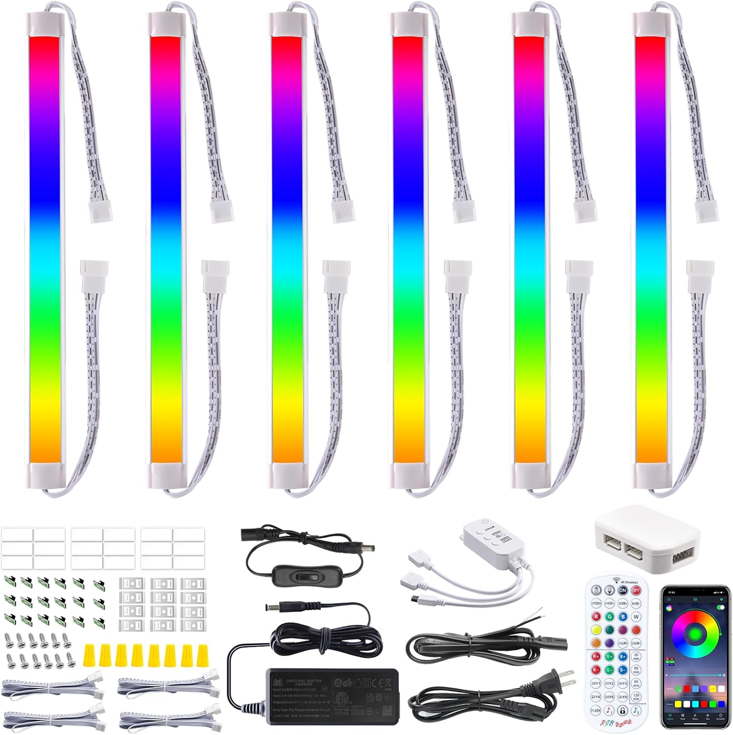 LABOREDUCER RGB under Cabinet Lights,6 Pack Plug in or Hardwired Linkable RGB LED Closet Light with Remote and APP Control,24V under Cabinet Lighting for Kitchen Closet Counter 18W(Rgb+Warm White)