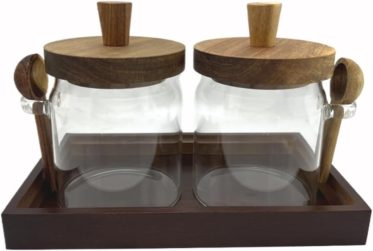 Glass Jars with Brown Wooden Lids and Scoop, Airtight Food Storage Containers with Tray for Sugar Coffee Bean Candy Spice (2, Brown, 13 Oz)