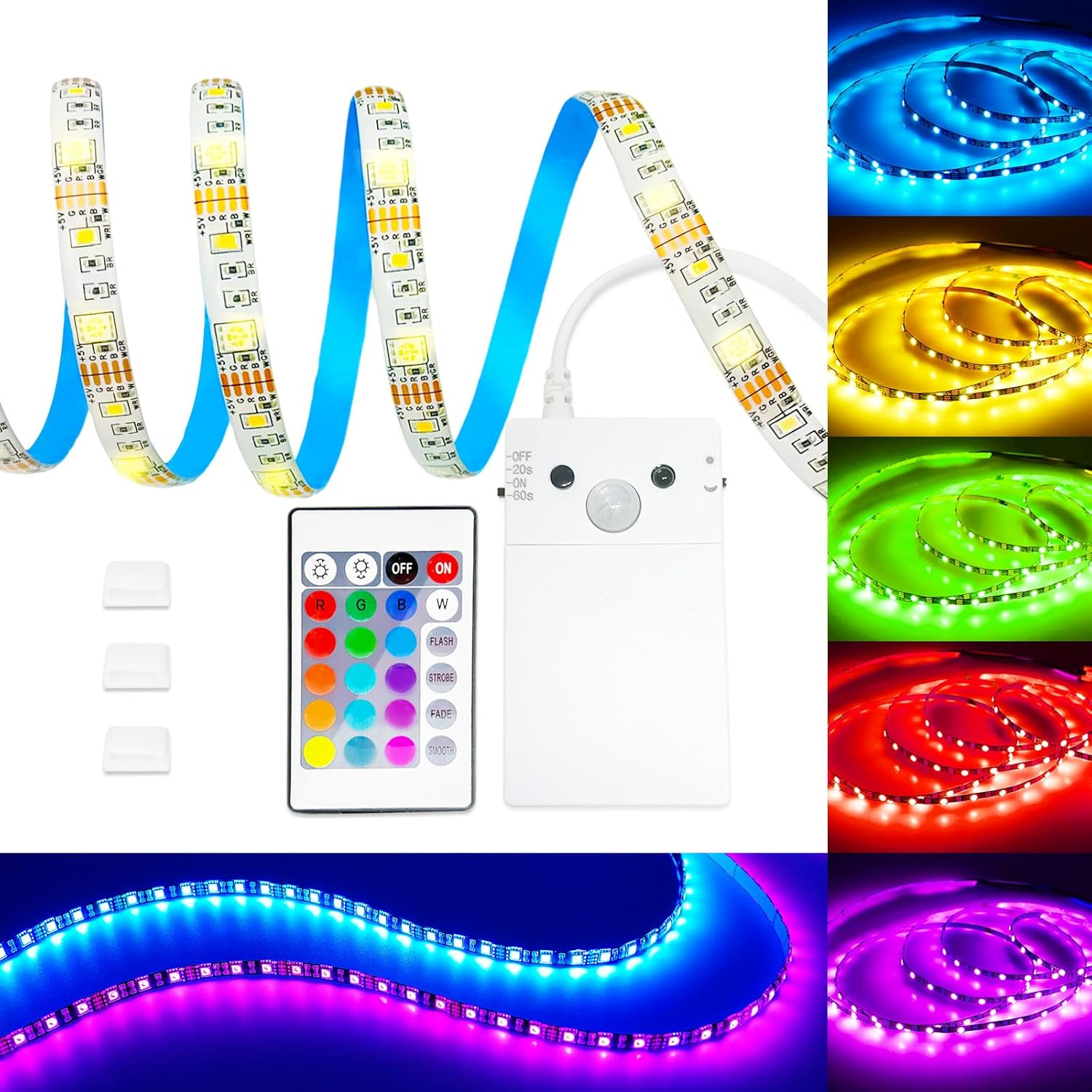 3.3FT Motion Sensor LED Strip Lights with Remote/4Mode, RGB & Warm White Motion Activated LED Strip Lights Dimmable Battery Powered, 16Colors under Cabinet Lighting for Closet Stairs Home Indoor