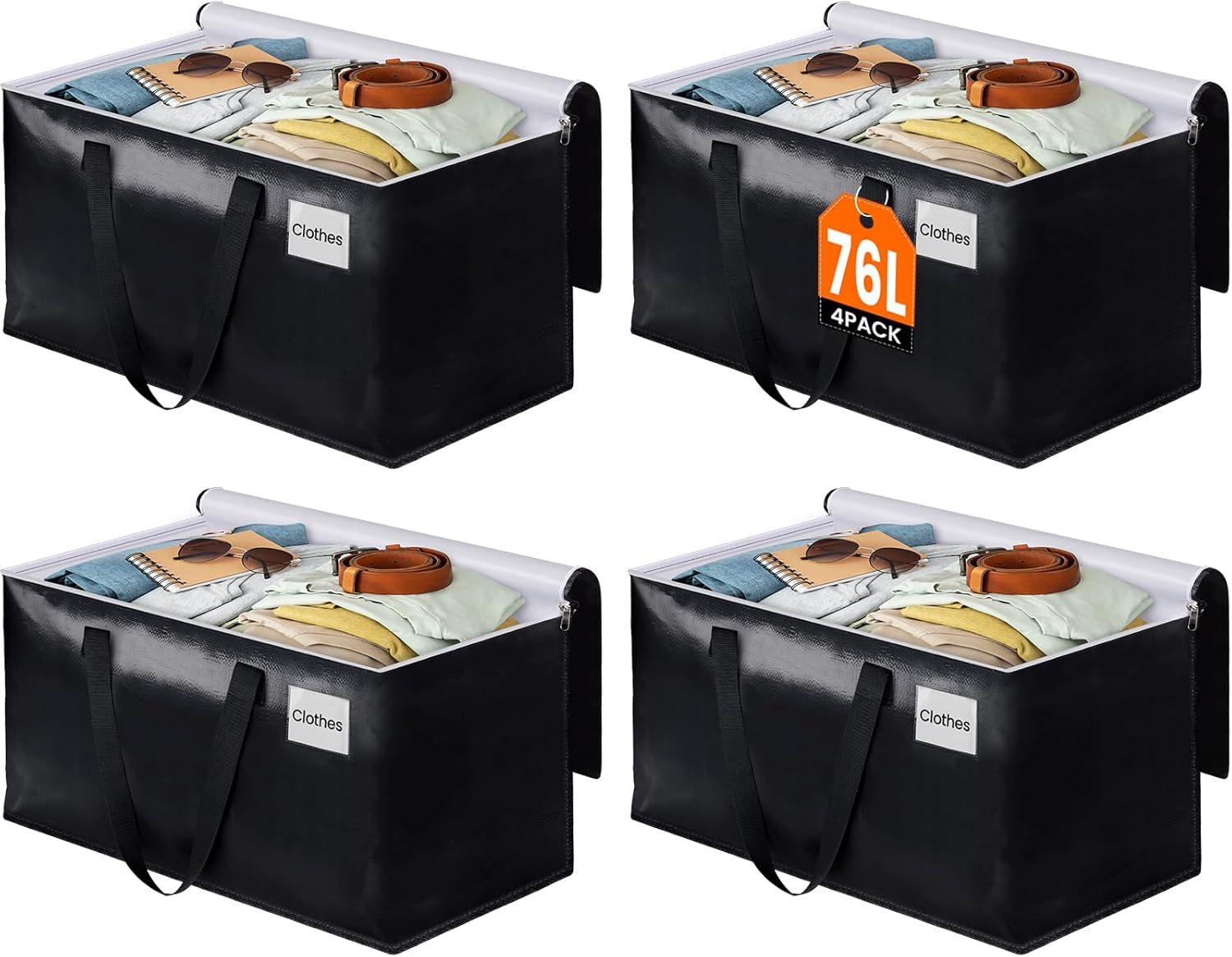Moving Bags, Heavy Duty Moving Boxes with Zippers Top and Sturdy Handles, Storage Bags for Space Saving and Packing, Collapsible Moving Supplies, Storage Totes (76L, 4-Pack, Black)