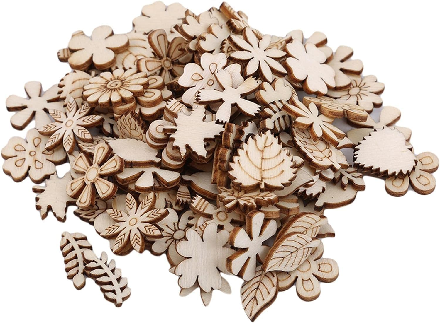 100 Pcs Unfinished Wooden Flower Wood Slice Leaf Pattern Cutouts Pieces Mini Wooden Handmade Decoration, Wood Blocks for Craft Flower, DIY Craft Supplies