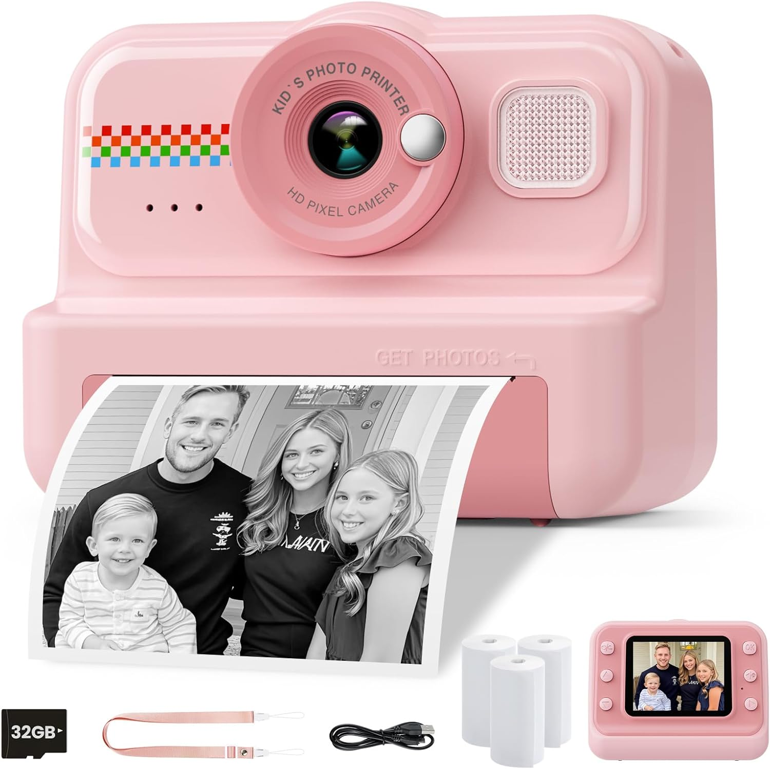 Kids Camera Instant Print, 1080P HD Instant Print Camera for Kids with 3 Rolls Print Paper & 32GB Card, Selfie Digital Camera for Kid, Ideal Kid Toys Gifts for Boys & Girls Age 3-14 (Pink)