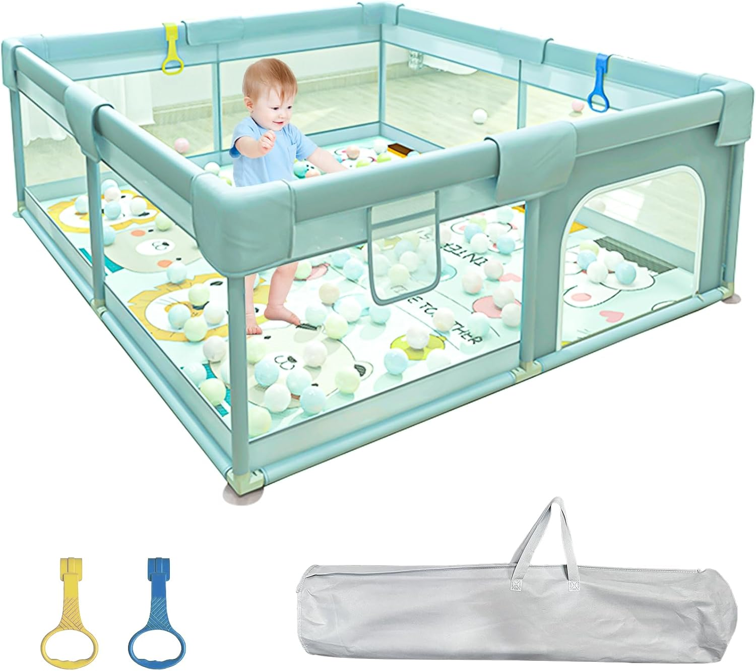 Baby Playpen, 185X205X66Cm Extra Large Baby Playard, Playpen for Toddler with Zipper Gate, Indoor & Outdoor Kids Activity Center, Safety Play Yard with Soft Breathable Mesh, Green (No Mat)