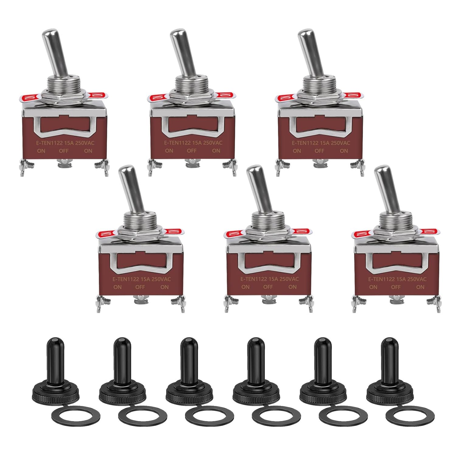 6 Pack Toggle Switch, 3 Pin 12V DC 30A/250V AC 15A, Heavy Duty SPDT on off on Switch, Marine Waterproof Toggle Switch with Boot Cap Cover, for Cars Trucks, Racing Cars, Boats