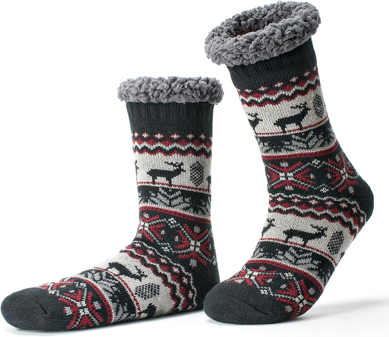 Cozylook Men's Fuzzy Slipper Socks - Non-Slip Grips, Thermal 11-14 Black/Gray