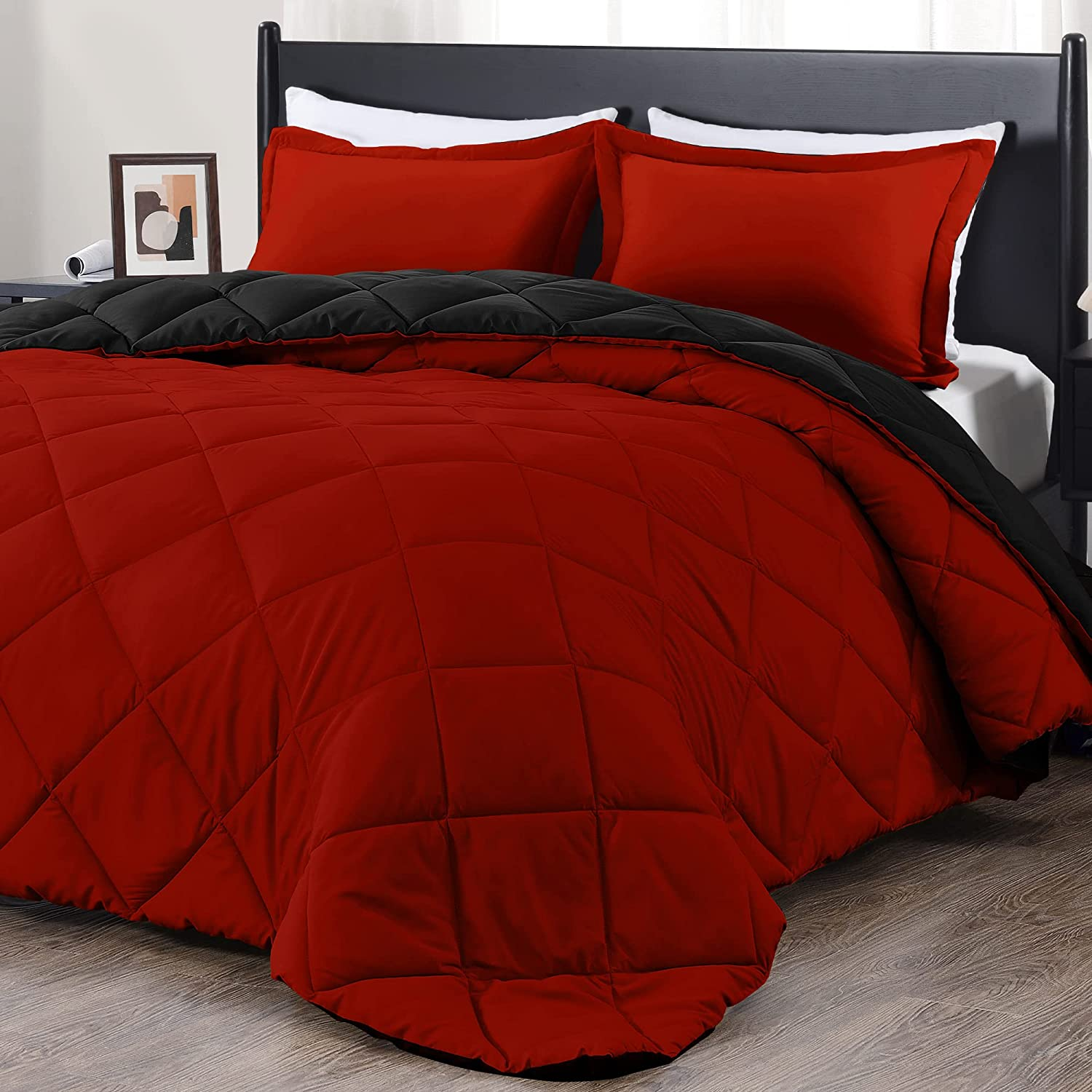 Downluxe King Size Comforter Set - Red and Black King Comforter, Soft Bedding Sets for All Seasons - 3 Pieces - 1 Comforter (104