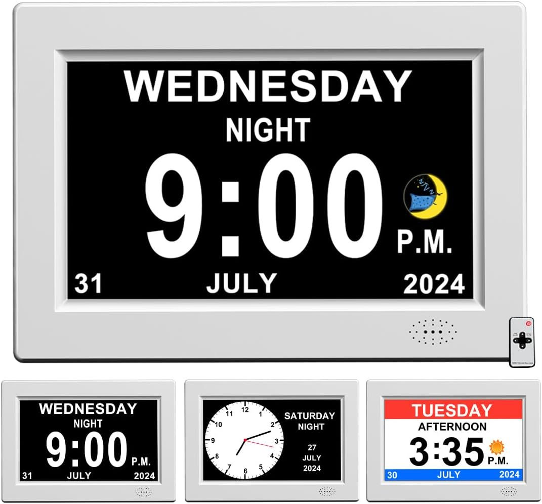 8 Inch Digital Alarm Clock with Date and Time for Elderly Extra Large Impaired Vision Calendar Clock Auto Dimmable Clock (8 Inch/White)