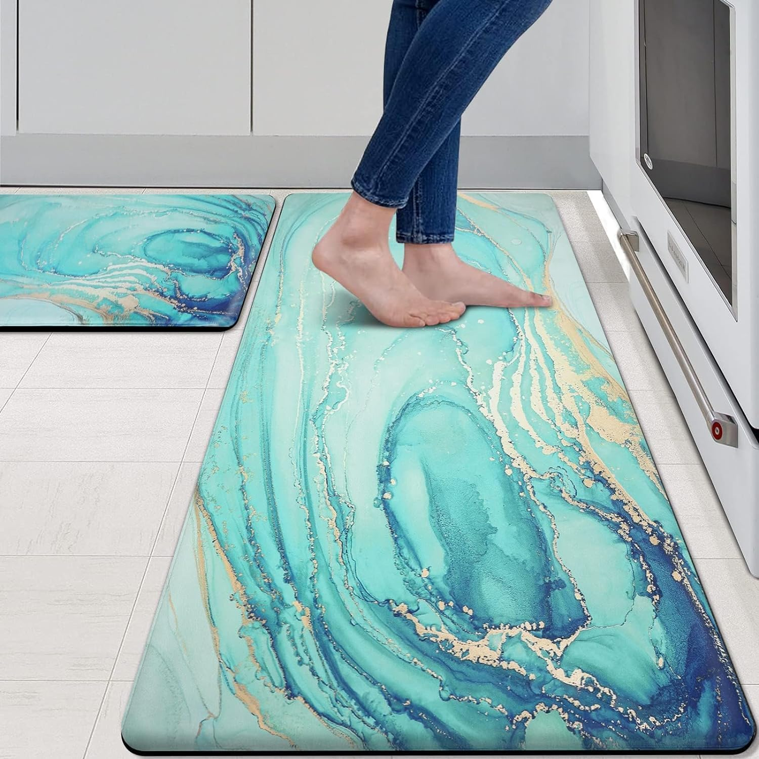 MAYHMYO Kitchen Rugs and Mats Set of 2 Teal Marble Gold anti Fatigue Mat PVC Non Slip Turquoise Foam Cushioned Kitchen Mats for Floor Dining Room Home Office Sink Laundry