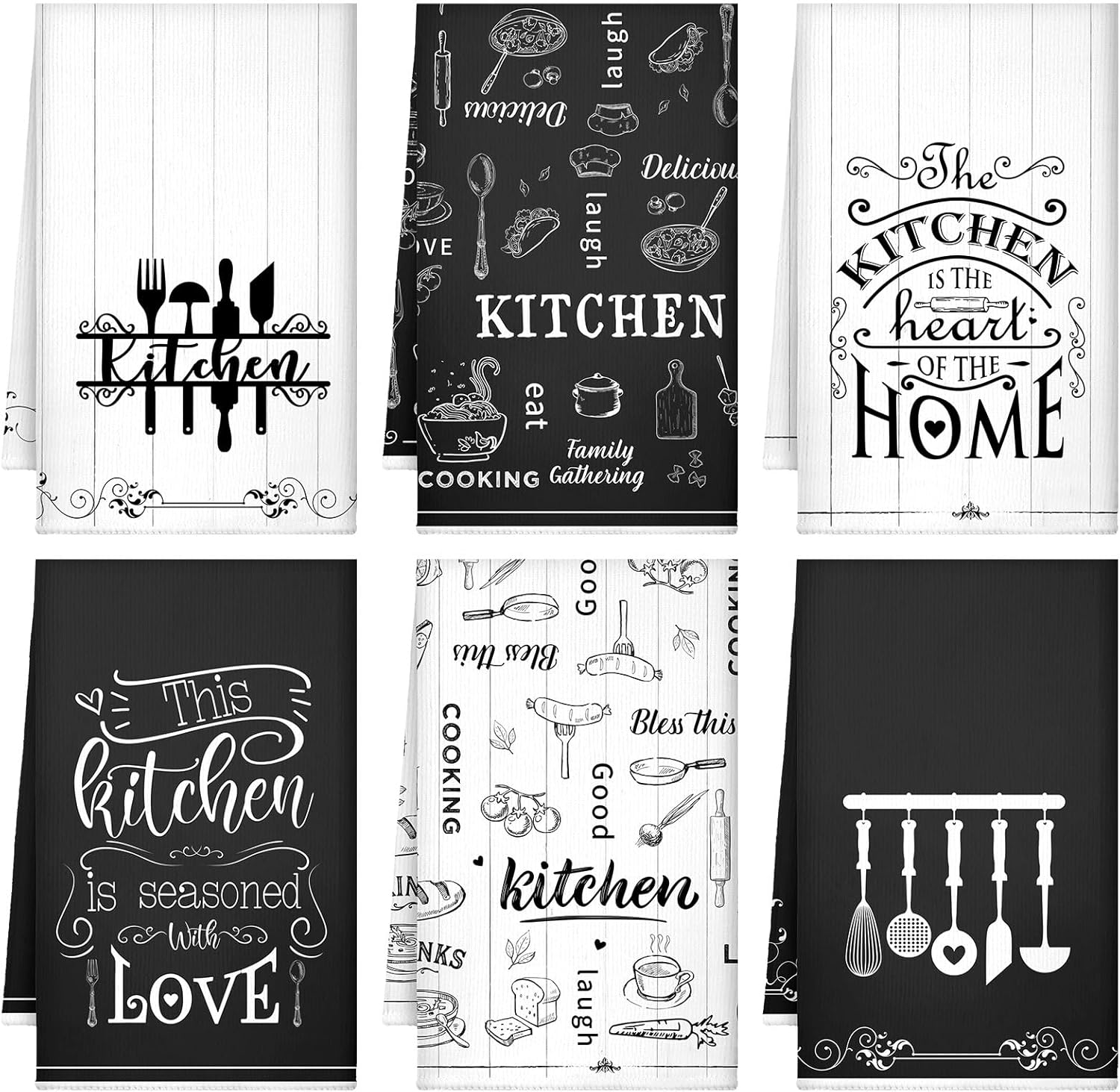 6 Pcs Kitchen Towels Absorbent Dish Towels Decorative Tea Towels Fast Drying Dish Cloths Hanging Reusable Cleaning Dishcloths for Cooking Baking Housewarming (Black White,Food)