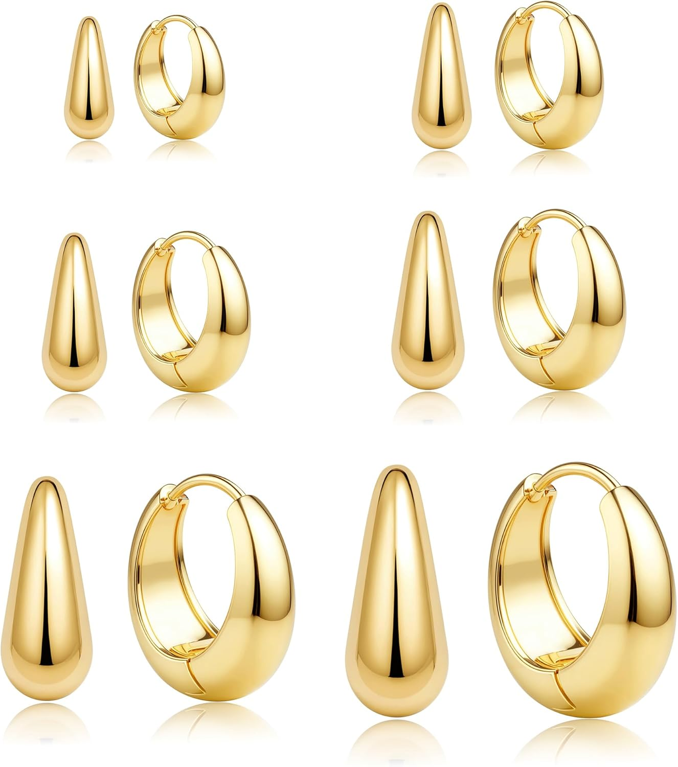 6Pairs 14K Gold Plated Small Chunky Hoop Earrings for Women Silver Plated Huggie Hoops Earrings Hypoallergenic Small Hoop Earrings Tiny Trendy Thick Hoop Earrings Stacks for Sensitive Ears