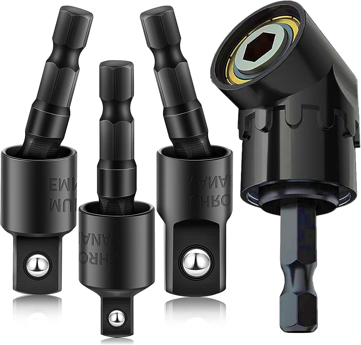 105 Degree Right Angle Drill Adapter Set, 1/4-1/2 Inch Socket Adapters, 4-In-1 Impact Grade Extension Kit with 360° Rotation for Household Workplace Industry