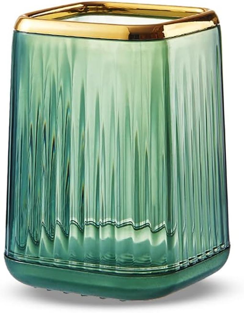 Makeup Brush Cup Holder Organizer for Vanity, Acrylic Vintage Green Make up Brushes Holders Container Storage with Striped Design for Bathroom Countertop, Pen Pencil Holder Cosmetic Cup for Desk