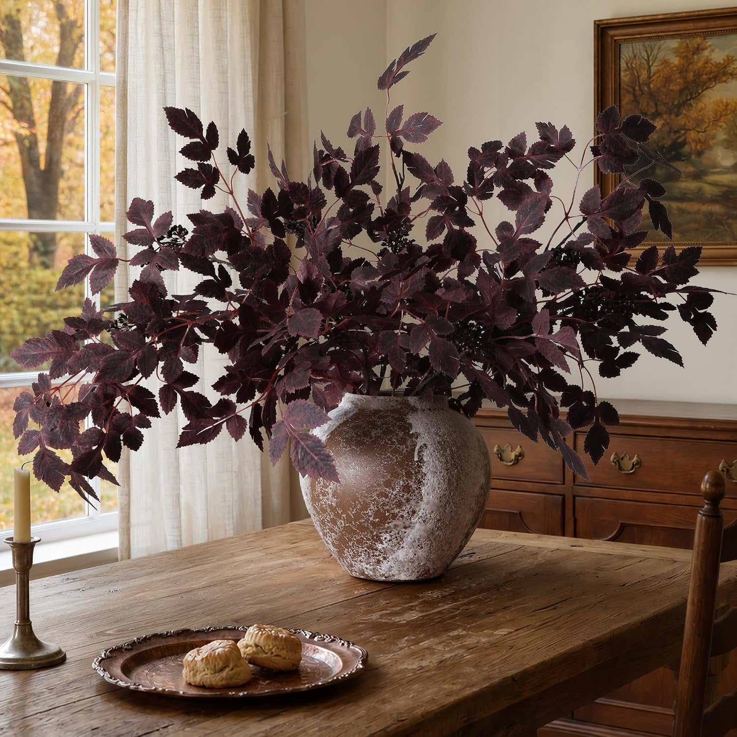 Artificial Cimicifuga Plant Leaf Spray Stems 4PCS Fake Greenery Branches 28.7 in Faux Leaves Real Touch Silk Plants DIY Stem for Vase Festival Home Kitchen Garden Farmhouse Decor (Burgundy)