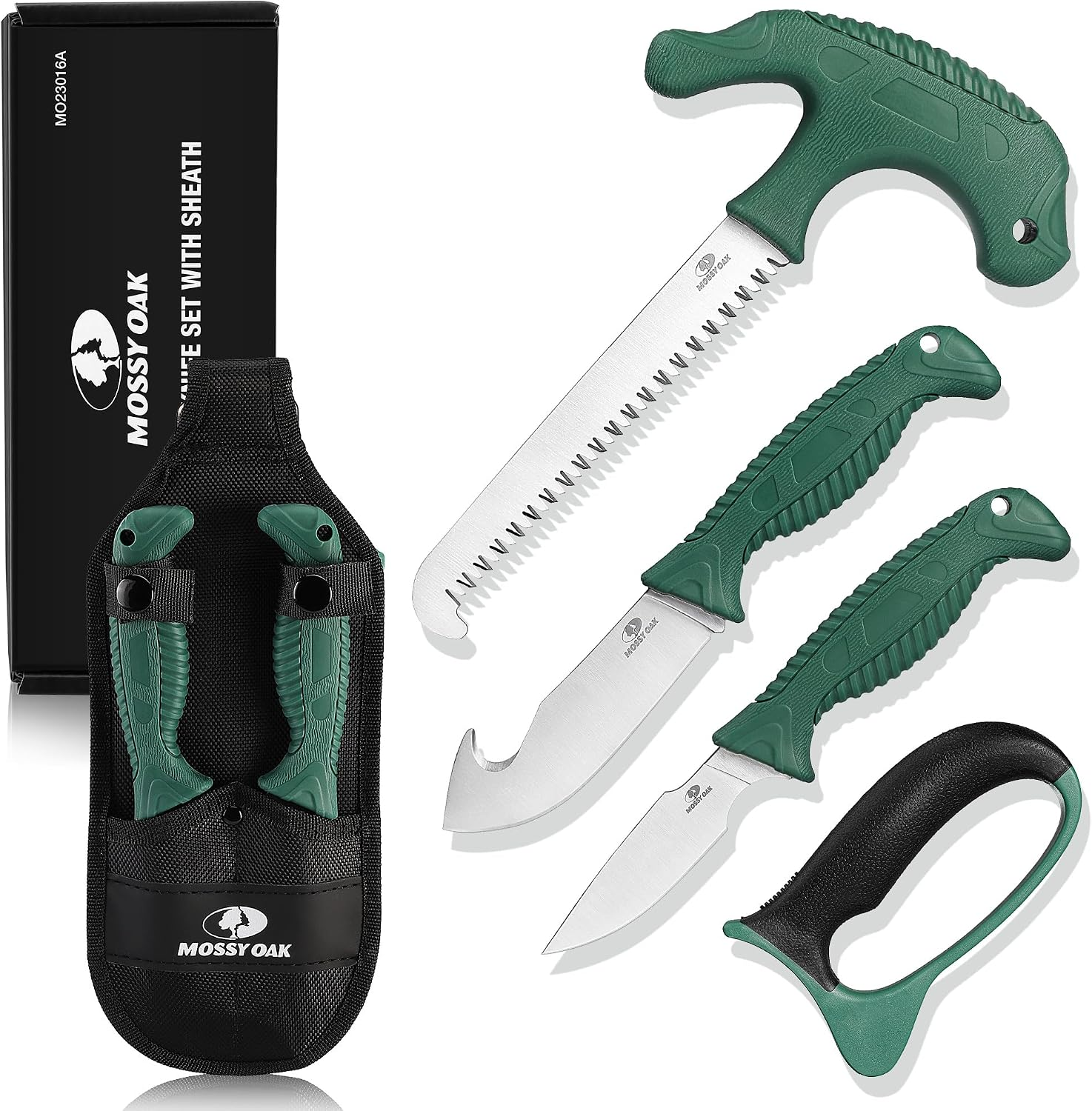 Field Dressing Kit, 4 Pcs Hunting Processing Set with Portable Sheath, Gut-Hook Skinner, Caping Knife, Wood/Bone Saw, Knife Sharpener, for Deer Hunting, Camping, Perfect Outdoor Gifts