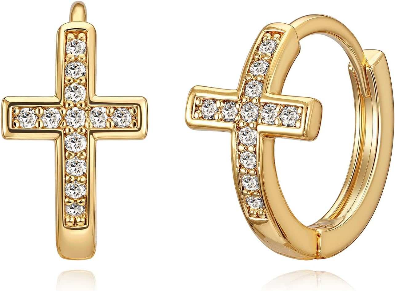 Gold Cross Earrings for Women-14K Gold Plated Small Hoop Huggie Earrings Dainty Trendy CZ Cross Hoop Earring Cute Hypoallergenic Hoops Jewelry Valentine Gifts for Women