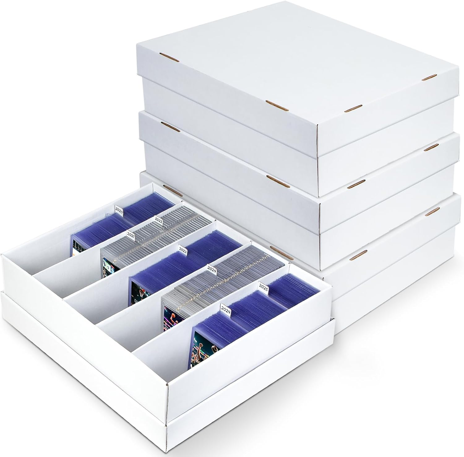 4 Pack Trading Card Storage Box - Holds 800 Top Loaders & 220 One Touch - Cardboard Case with Dividers for Sport Cards (5 Rows)