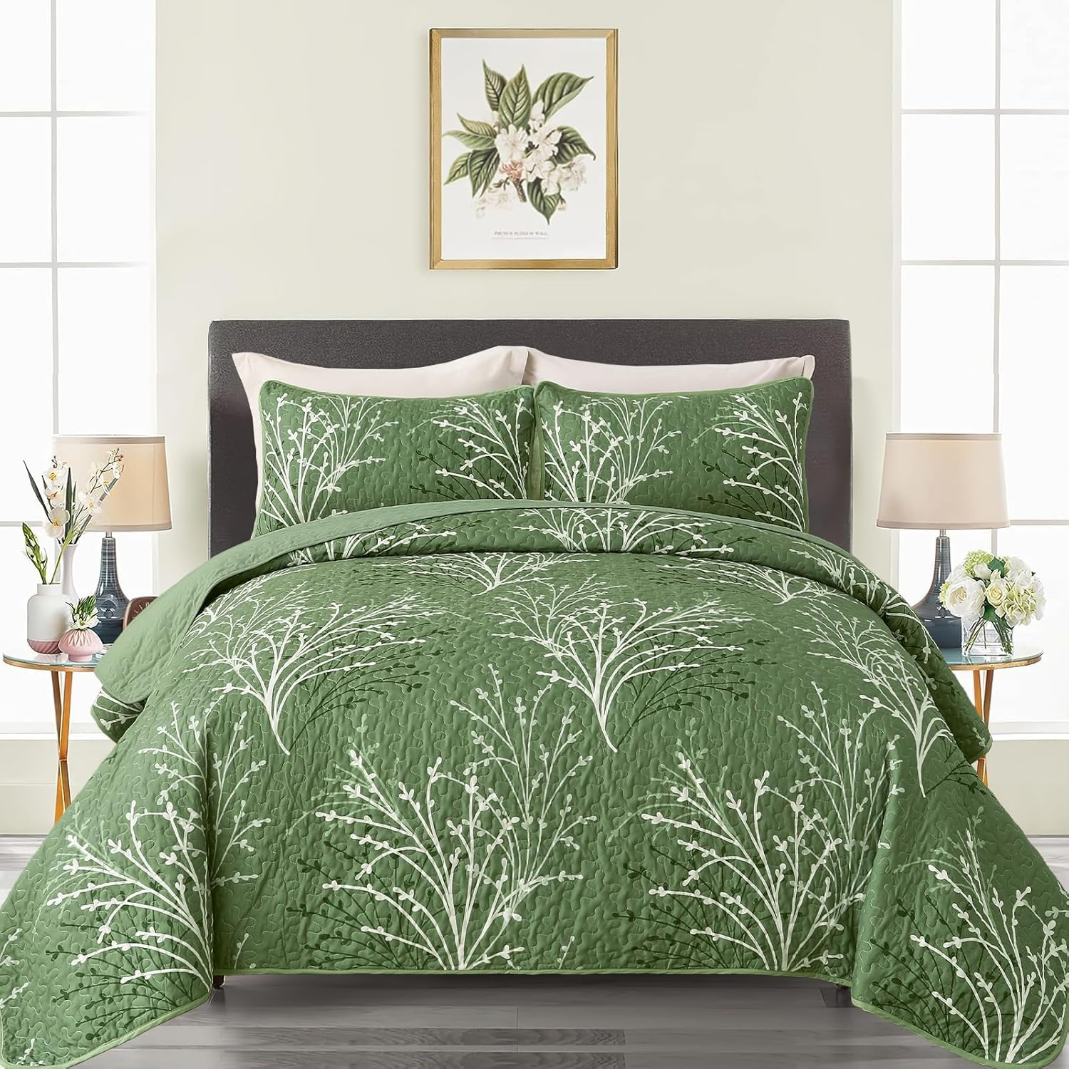 DJY Green Quilt Set Queen Size Branch Bedspread Coverlet Set, 3 Piece Olive Green Floral Reversible Botanical Quilt Bedding Set with 2 Pillowcases Lightweight Daybed Cover for All Season 96''X90''