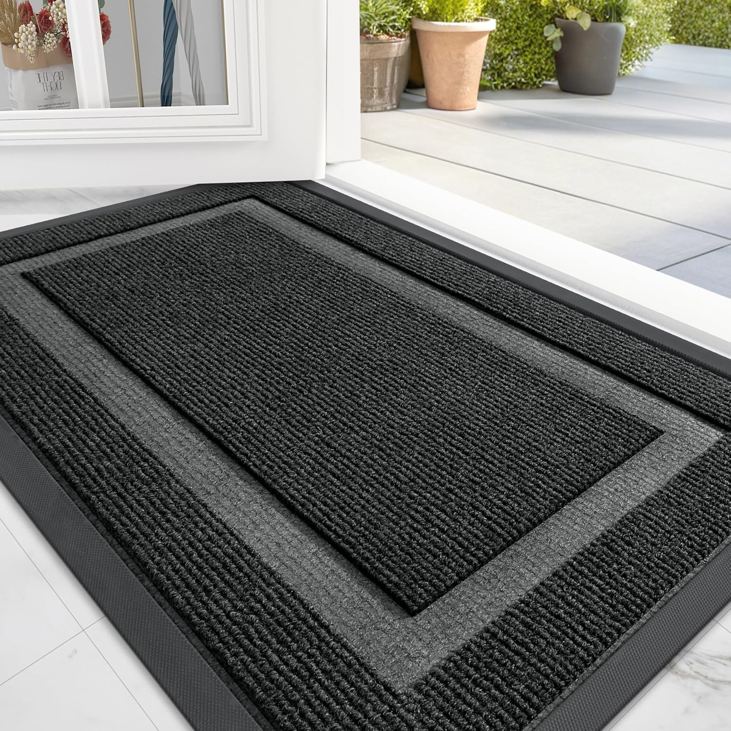 OLANLY Front Door Mat Indoor Outdoor Entrance, Waterproof All-Season, All-Weather Doormat, Sturdy Natural Rubber, Fade Resistant, Low Profile, Easy Clean Patio Porch Entryway Mat, 29.5X17, Black
