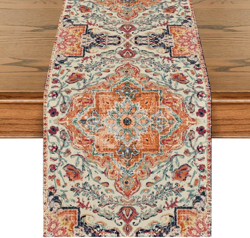 Artoid Mode Boho Bohemia Style Orange Table Runner, Country Rustic Farmhouse ... - Picture 8 of 14