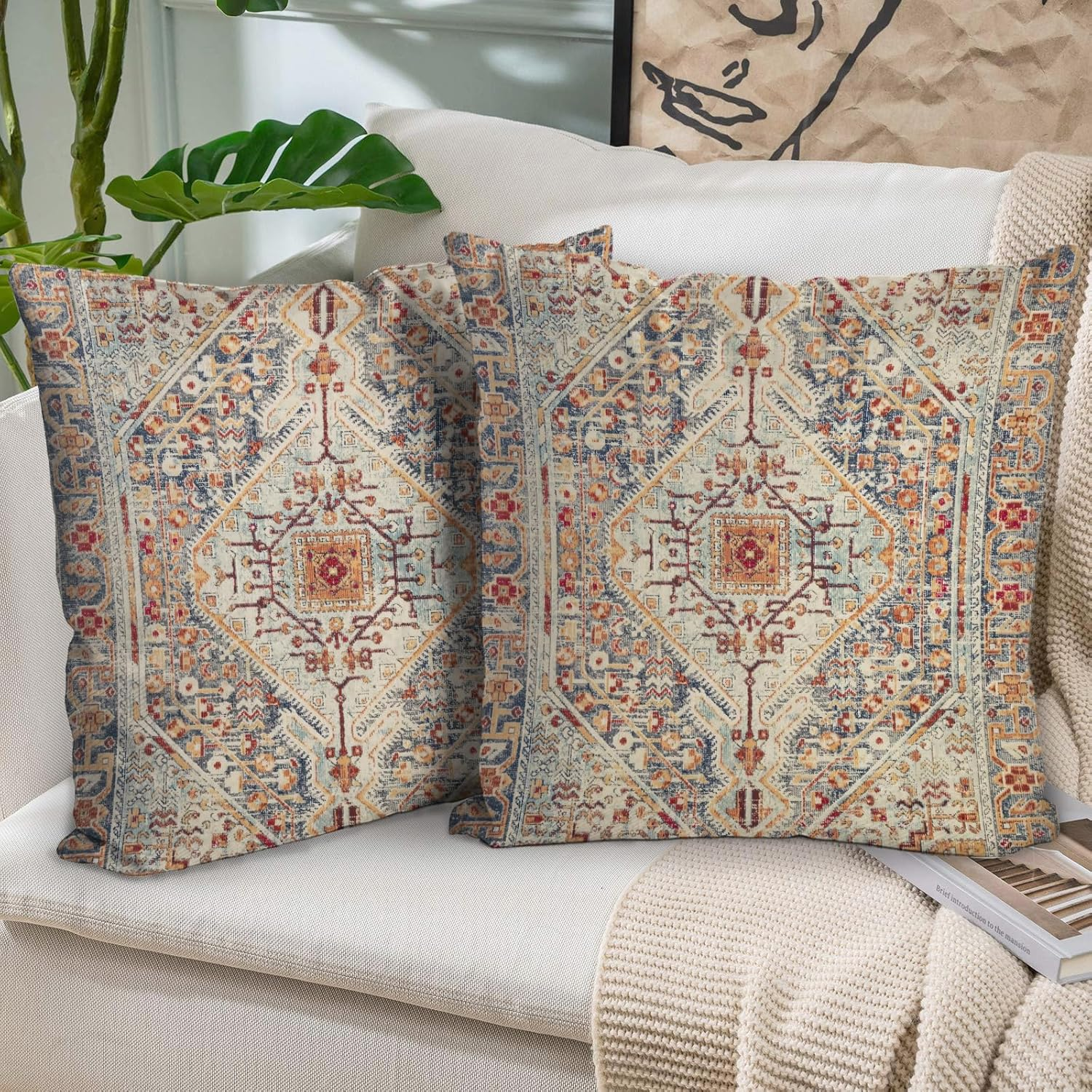 Boho Throw Pillow Covers 18x18 inch Set of 2,Bohemian Vintage Carpet Pattern Antique Ethnic Decor Double Sided Pattern Cushion Cover Soft Pillow Case Living Sofa Room Bed Square Pillow Cover