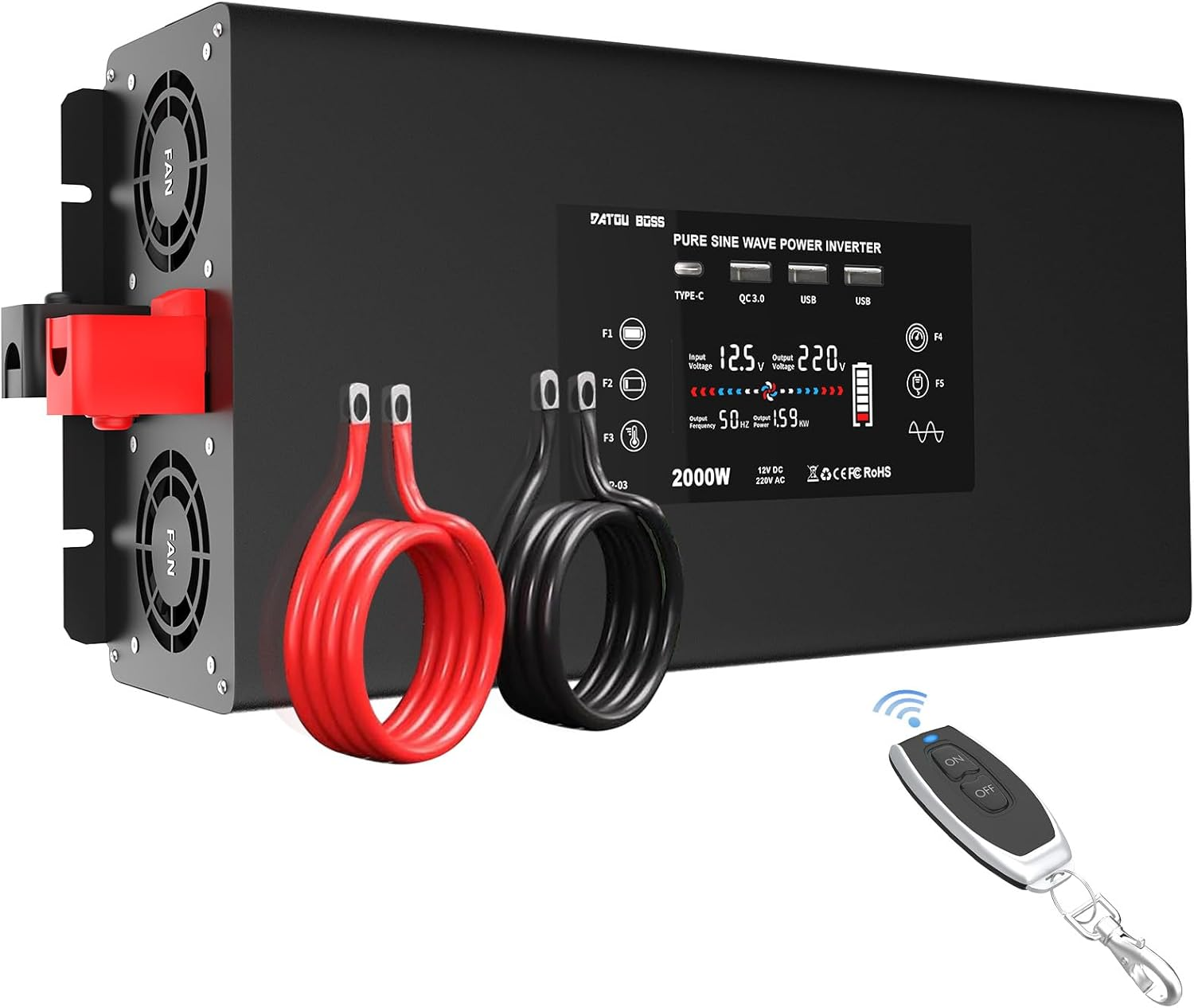 Power Inverter 12v 220v Onda Pura 2000W/4000W Inverter Convertitore con Telecomando 2 Prese EU, 2 Porta USB, QC3.0, Type-C e Display LCD per Auto,Camion, Camper