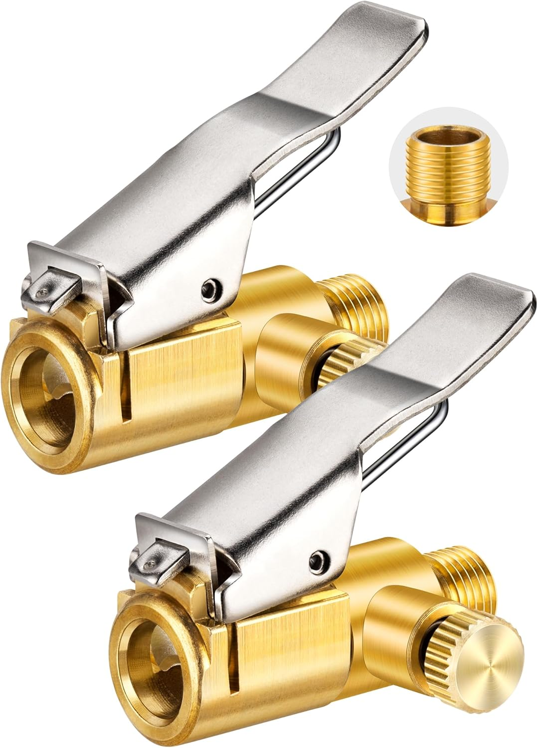 2-Pack Locking Tire Air Chuck, Brass Tire Inflator Hose Adapter W/Clip Adapter & Release Button for Lock On, No Leakage Air Compressor Pump Clip on Tire Chuck Nozzle Adapter Connect Accessories Tool