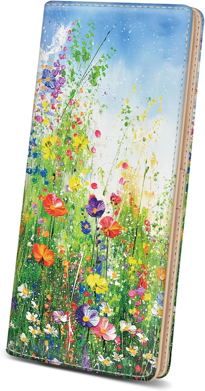 Floral Womens Wallet, Slim Thin RFID Blocking Card Wallets, Bifold PU Leather Credit Card Holder Organizer, Cute Cash Clutch Long Billfold with Zipper Coin Pocket Ladies Girls Gift