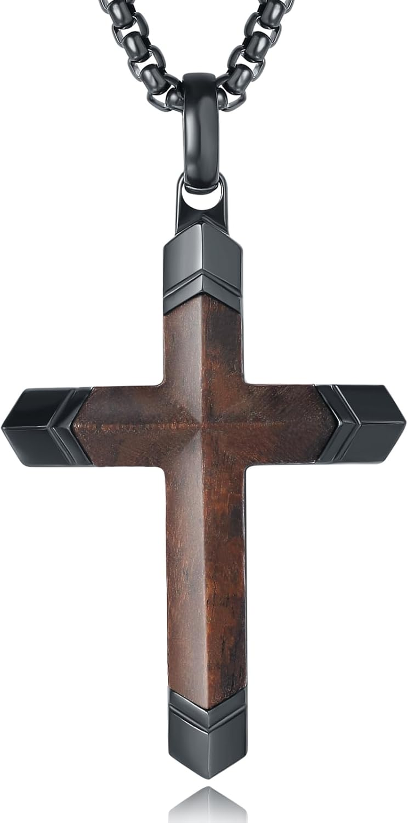 Wooden Cross Necklace for Men, Real Ebony Inset in Black Stainless Steel Christian Wood Crucifix Pendant, Includes Necklace 24