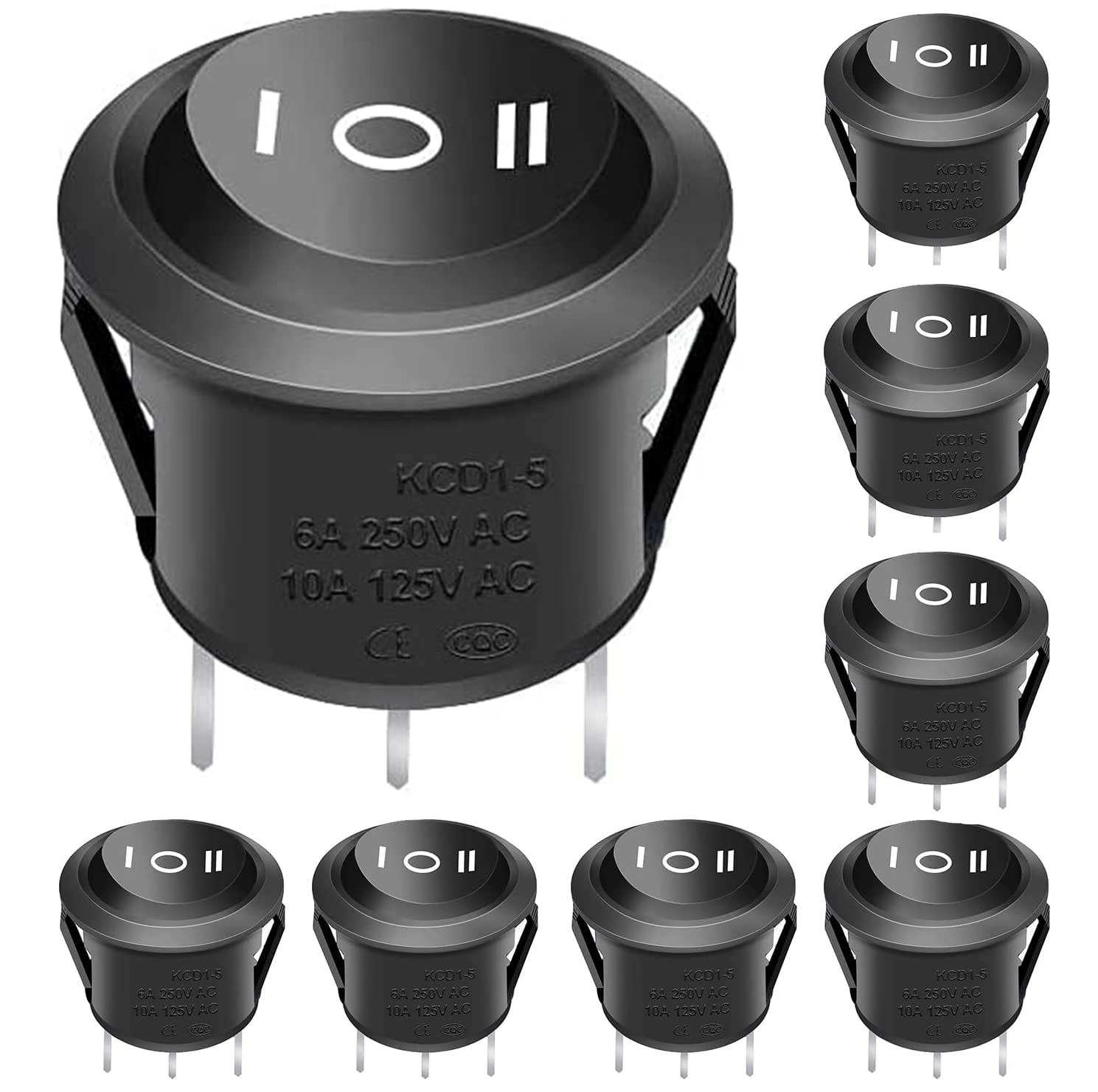 /8Pcs round Rocker Toggle Switch Black AC 250V/10A 125V/12A ON/OFF/ON 3 Pin 3 Position SPDT Latching KCD1-5-103-BK